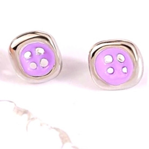 “Cute as a Button” Silver Dipped Purple Enamel Rounded Square Art Deco Earrings - Picture 6 of 6